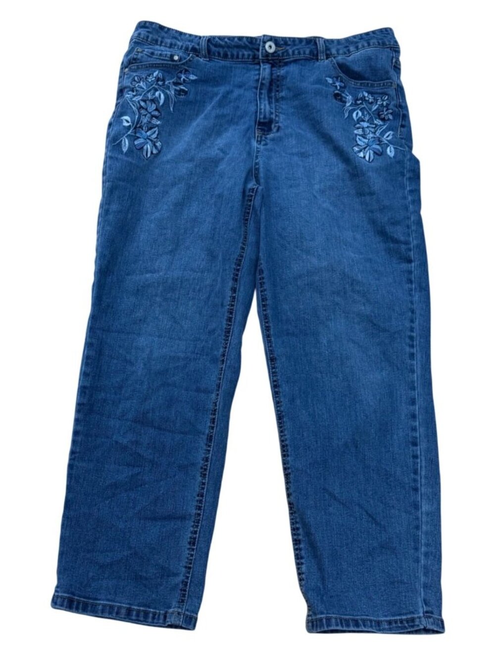 Camila Coelho Women's Denim Jeans Sz 16 Blue Floral Embroidered Straight Leg Y2K